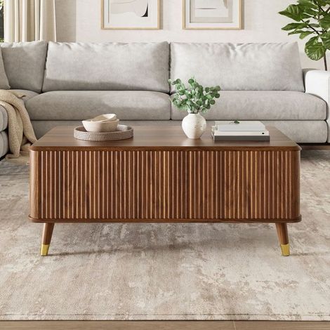 Table basse, table basse salon avec plateau relevable effet noyer, structure ondulée, grand rangement (1/5)