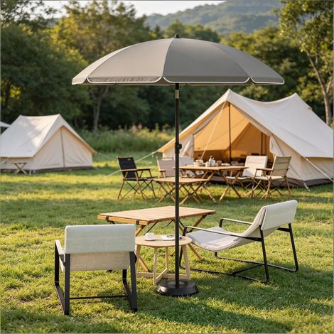 Parasol rond pliable Gris bord blanc – Toile 180g/m² UPF50+ imperméable – Inclinaison 35° hauteur ajustable 8 baleines acier ventilé – Sac de transport inclus pour plage jardin balcon (1/5)