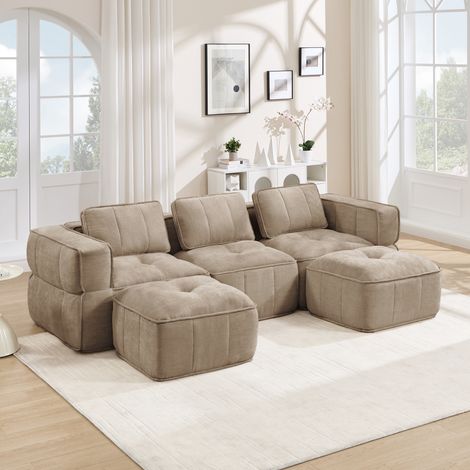 Canapé d'angle en U 3 places avec 2 poufs, sans structure, mousse 32D haute résistance, siège spacieux, revêtement textile doux, parfait pour séjour, prêt à l'emploi, teinte sable. (1/5)
