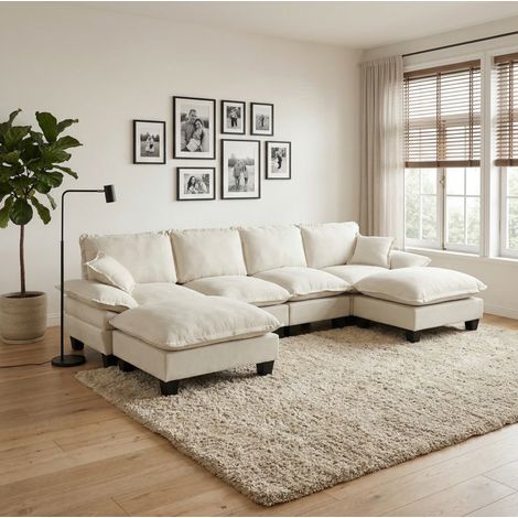 Canapé d'angle modulable en U 6 places en chenille beige avec ottoman mobile (1/4)