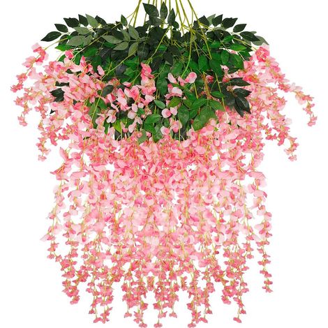 12 guirlandes de glycine artificielles, 1,1 mètre, à triple tige, en rotin, fausse glycine, longue guirlande de fleurs en soie (rose)