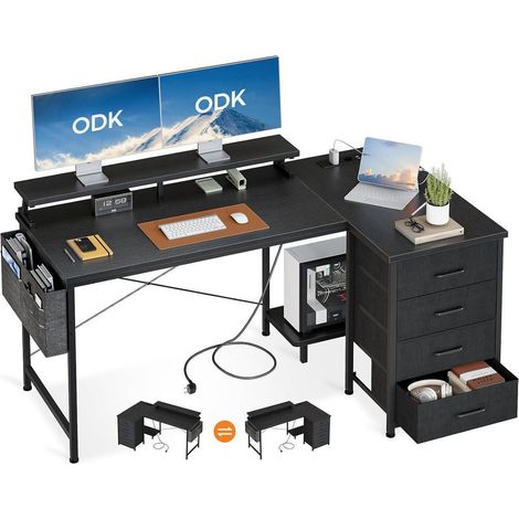 ODK L-förmiger Schreibtisch mit USB-Ladeanschluss, Schwarz 140x80cm (1/5)