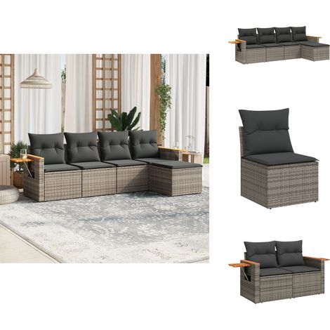 5-tlg. Garten-Sofagarnitur mit Kissen Grau Poly Rattan - Gartensorganisation - Outdoor Möbel - Gartenlounge - Lounge Set - Rattan Gartenmöbel (1/5)