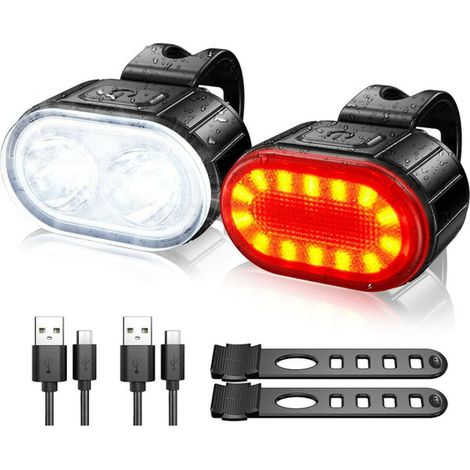 Lumiere Velo Ensemble, Eclairage Lampe Velo LED Puissant Kit Rechargeables par USB, 4/6 Modes Lumière Vélo Avant et Arriere Etanche IPX5 Nuit Lampe de Sécurité pour Cyclysme, VTT, VTC-, (1/5)