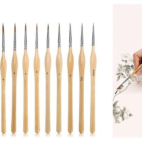 Miniature Brush Set - 9 Pieces - Triangular Wood Handle - Aluminum Ferrule - For Acrylic Watercolor Gouache Painting - 17.8 cm (1/5)