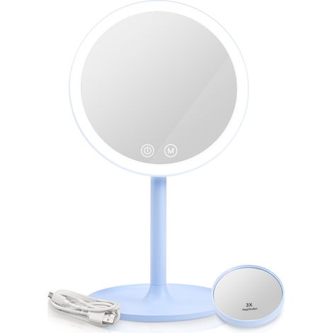 EMKE Kosmetikspiegel mit beleuchtung Wiederaufladbarer Schminkspiegel, LED Kosmetikspiegel mit 3 Lichtfarben, 1/3x Vergrößerung, 90°Schwenkbar, Touchschalter und Memory-Funktion(Hellblau)