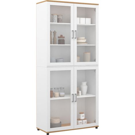 VITO Vitrina de 4 puertas de cristal blanco y efecto haya