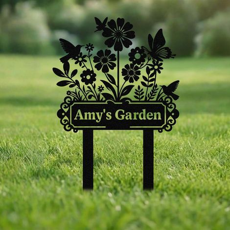 Letrero de metal personalizado para jardín, decoración impermeable para jardín al aire libre, placa con nombre con colibrí y flores para el hogar, patio, regalo del día de la madre (1/5)