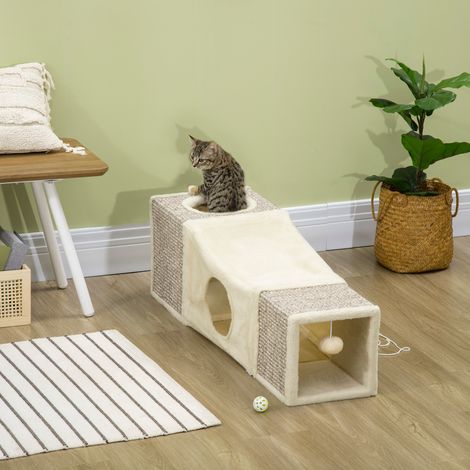 Tunnel pliable chat maisons griffoir boule en peluche sisal - Couleur: Crème