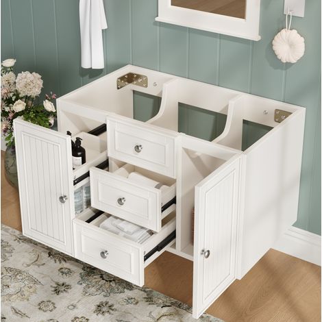 Meuble sous vasque mural 78,5x46x46,8 cm en MDF blanc, 3 tiroirs, gain de place – MEUBLIV (1/5)