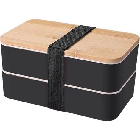 Doppellagige Bento-Box, vielseitig verwendbar, mit Holzdeckel und Fächern, 1200 ml, Schwarz, ideal für Arbeit, Schule und Zuhause (1/5)
