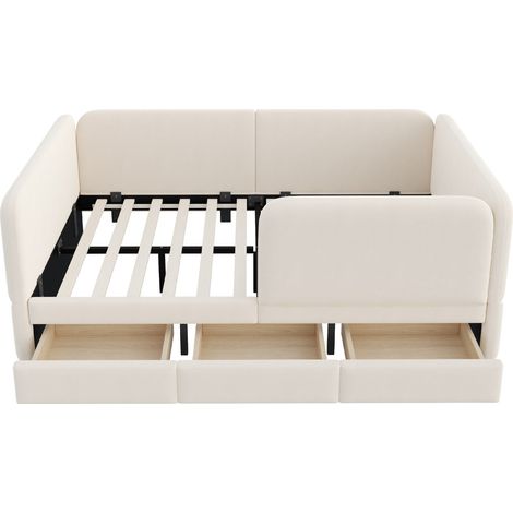 Letto imbottito per bambini 140 x 200 cm in velluto beige con 3 cassetti (1/5)