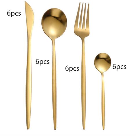 set couverts de table 6 personnes dorés, ensemble de couverts inox 24 pièces, Comprend des couteaux/fourchettes/cuillères, fini mat et lavable au lave (1/5)
