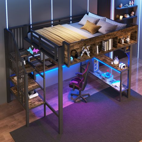 Lit mezzanine 140x200cm marron noir vintage avec bureau angle, rangements, LED et port USB-C livré (sans matelas) (1/5)