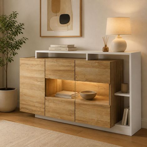 Aparador Hafa, Alacena 8 Estantes, Puerta Batiente, 3 Puertas, 155x44x94h cm Roble Marrón (1/3)