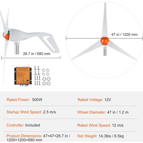 Éolienne, Haute Efficacité, Construction Durable, 12V 500W 3 Lames (1/2)