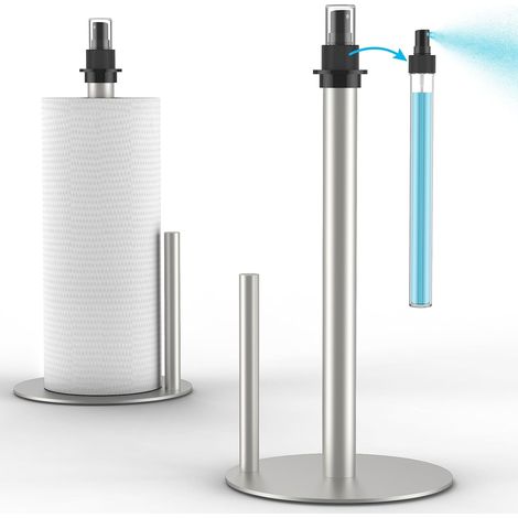 Distributeur d'essuie-Tout avec Vaporisateur, Support de comptoir avec Vaporisateur Central, Support en Acier Inoxydable avec Base pour Cuisine, Bars et Tables à Manger(Argent) (1/5)