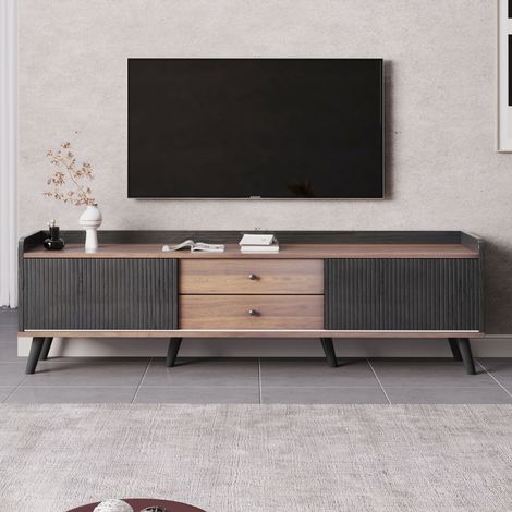 TV-Schrank Mit 2 Schubladen, Niedriger TV-Tisch Mit 2 Schiebetüren, H58/l160/p40 cm (1/5)