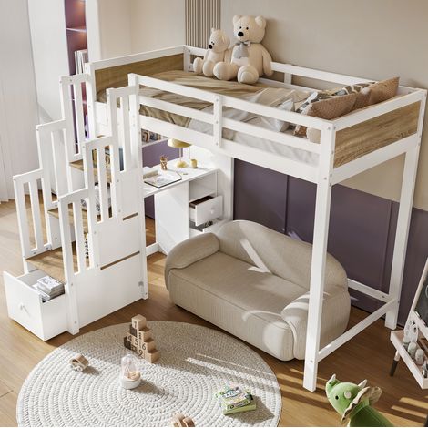 Letto a soppalco per bambini 90x200 cm in legno bianco e naturale con scrivania - CHICFURN (1/5)