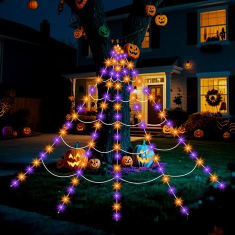 Luci decorative di Halloween a forma di ragnatela - 54,8 m - Giganti - Triangoli - Decorazione bianca - Batteria viola e arancione (1/5)