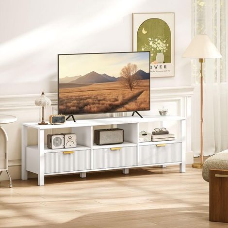 Meuble TV 152 cm, meuble télé pour téléviseur 65 pouces avec 3 tiroirs et 3 étagères ouvertes, 152x39,5x50cm, blanc (1/5)