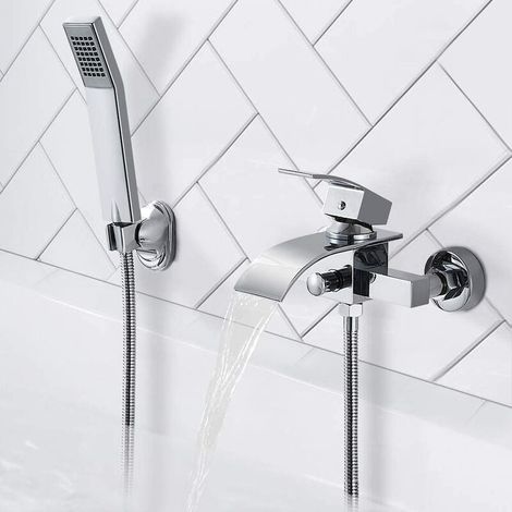 Grifo mezclador de baño con cascada y cabezal de ducha, de latón cromado y ahorro de agua para baño (1/5)