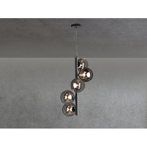 LED Pendelleuchte 5 flammig in Schwarz mit Rauchglas Kugeln lang, Höhe 183cm (1/5)