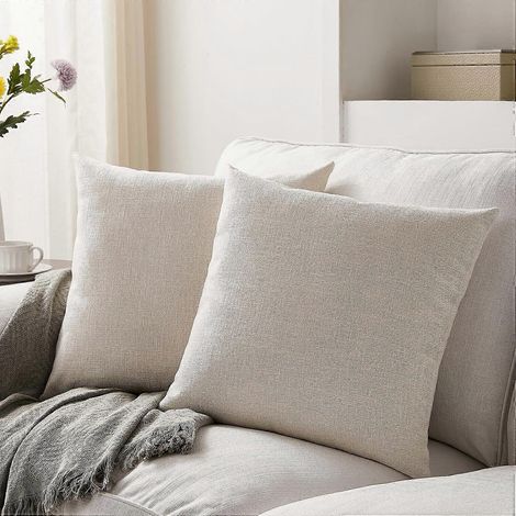 Lot de 2 housses de coussin ivoire 45 x 45 cm, style bohème champêtre, en lin, pour canapé et fauteuil. (1/4)