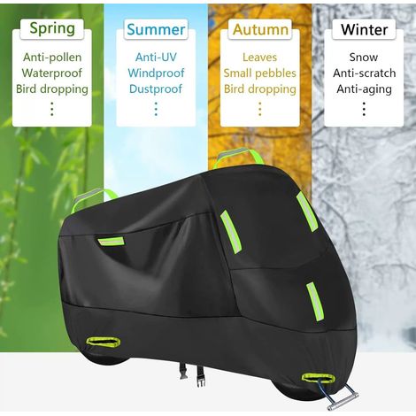 Telo coprimoto impermeabile 600D per rimessaggio all'aperto, telone protettivo per moto Oxford con 4 strisce riflettenti, 2 fori per lucchetto, 2 fibbie antivento (4XL: 295 x 110 x 140 cm) (1/4)