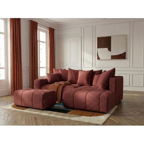 BOBOCHIC - Canapé d'angle L convertible coffre ROXELANE tissu bouclette avec pouf Angle droit  Rouge (1/4)