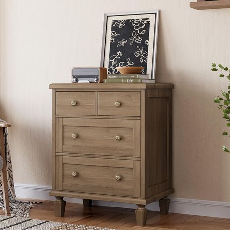 Commode vintage 4 tiroirs en bois pour chambre ou salon – Poignées sculptées & pieds fuselés – Robuste, style rétro – Finition bois vieilli-Grand capacité de rangement -marron clair (1/5)