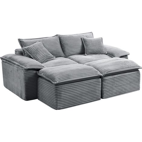 Sofá chaise longue de 2 plazas con reposapiés, terciopelo de cordón gris, 206 x 158 x 88 cm, HOMVRA (1/5)