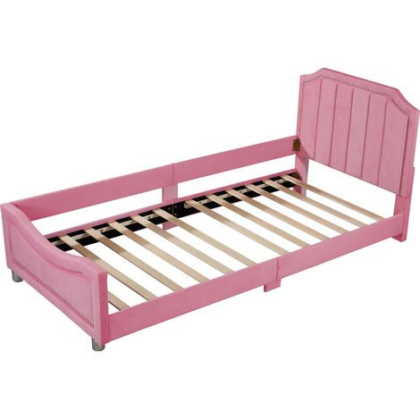 Cama infantil tapizada 90 x 200 cm de franela rosa con somier de láminas (1/5)
