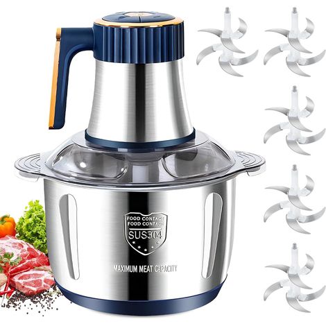 Hachoir Électrique 5L – Mixeur Hachoir Électrique avec Bol en Acier Inoxydable, 5 Vitesses et 6 Lames en Acier avec 5 Jeux de Lames pour Viande, Légumes et Fruits (1/5)