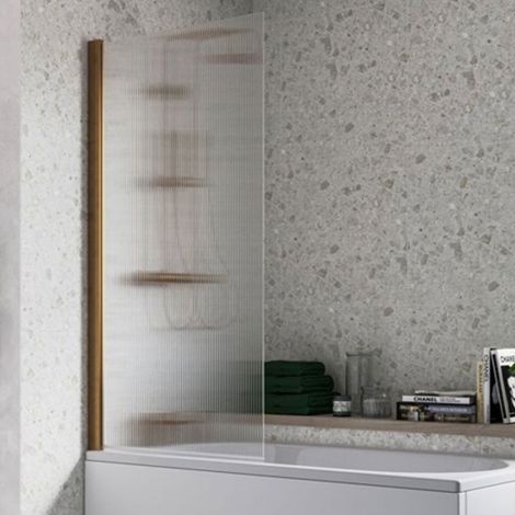 Signature Fluted Single Brushed Bronze Square Hinged Bath Screen 1500mm High x 800mm Wide - 5mm Glass