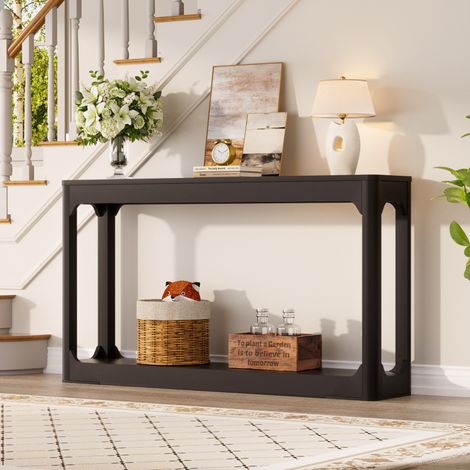 Tavolo consolle 140x30x79 cm nero, 2 ripiani, MDF, design compatto MEUBLIV (1/5)