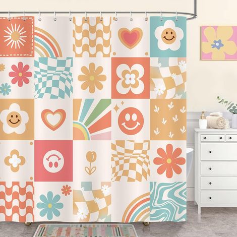 Duschvorhang im Retro-Stil der 1970er Jahre, 180 x 180 cm, waschbares Polyestergewebe, wasserdicht, mit 12 Haken
