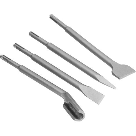 Jeu de 4 forets burins SDS Plus pour béton, ciseau plat, pointe et gouge, perçage marteau, accessoires robustes. (1/5)