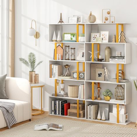 Bibliothèque Géométrique à 5 Niveaux Etagère en Forme de ‘S’ de 157 cm Cadre en Métal Etagère de Rangement Blanc (1/3)