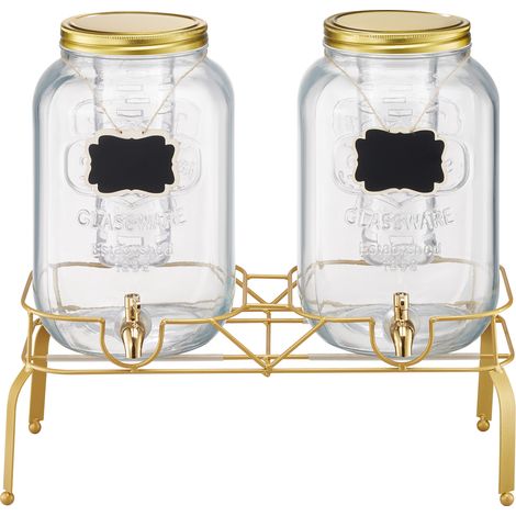 Mophorn Distributore di Bevande, Set da 2 Contenitori in Vetro da 8 L con Supporto in Metallo, Rubinetto in Acciaio Inox, Infusore Integrato, Ideale per Tè Freddo, Limonata e Eventi (1/5)