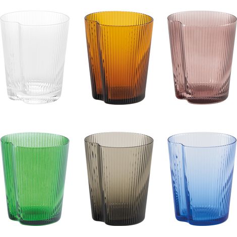 Set di 6 Bicchieri Tumbler Handy in Vetro Soffiato Colorato, Design Ergonomico Impilabile con Superficie a Solchi Verticali, Vari Colori Assortiti