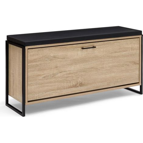 Idmarket – Banc d'entrée chaussures 100 cm – Rangement pour 6 paires – Coussin épaisseur 4 cm – Structure métal noir et bois imitation hêtre