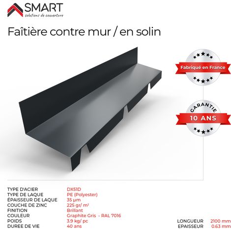 Bravo The Smart Solution – Faitière en solin TR45 – Bac acier – Coloris gris anthracite RAL 7016 – Longueur 2.10m – Épaisseur 0.63mm pour finition esthétique