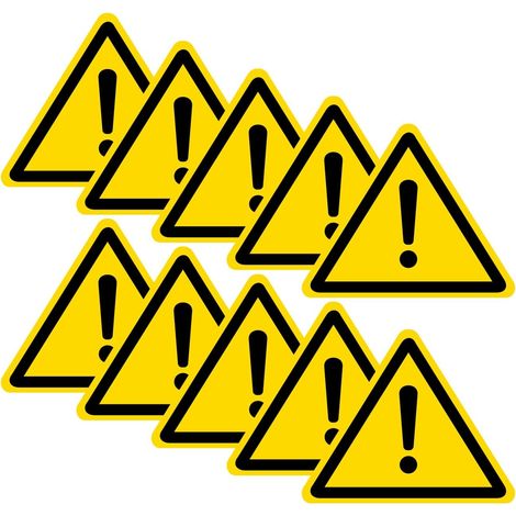 Lot de 10 panneaux de sécurité triangulaires d'avertissement de danger – Symbole de danger général/point d'exclamation – Autocollant en vinyle (60 mm x 49 mm) (1/3)
