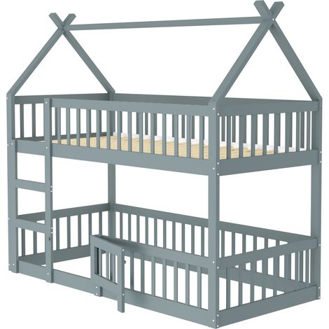 Litera infantil 90 x 200 cm con escalera y techo, gris, estructura de madera (1/5)