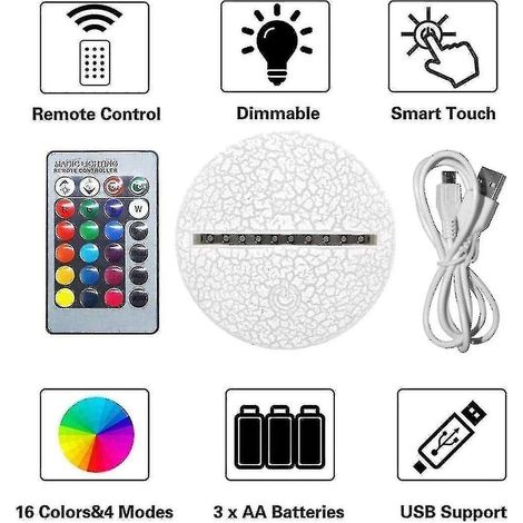 Lampe 3D avec télécommande, lampe LED 16 couleurs, intensité variable, interrupteur tactile, alimentation USB/piles. (1/3)
