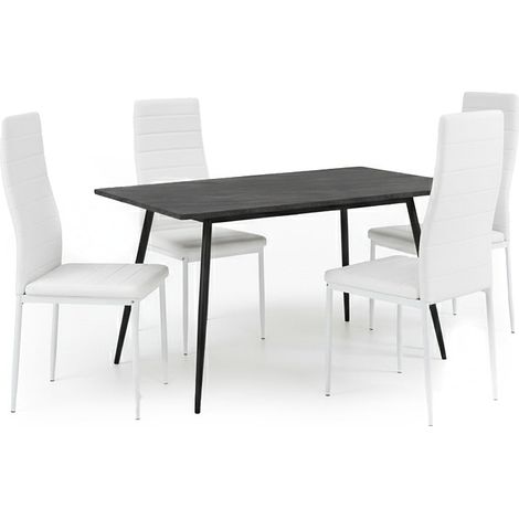 Mesa de Comedor 140cm, Gris Oscuro + 4 Sillas Polipiel, Blanco