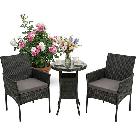 Relaxdays Ensemble jardin 3 pcs, salon résine tressée 2 pers., 2 fauteuils + table verre, extérieur, noir