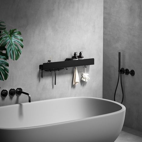 Étagère de douche sans perçage - 60 cm - En acier inoxydable - Avec 5 crochets amovibles - Support de shampooing pour douche, étagère suspendue, étagère de salle de bain - Noir (1/5)