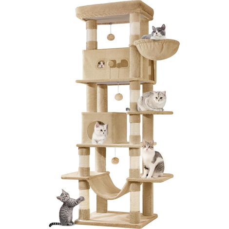 210 cm Grand Arbre à Chat, Tour à Chat pour Chats d'intérieur, avec Grand Perchoir, Tapis Lavable, 2 Niches Chats, 8 Griffoirs, Hamac, Pompons, Marron Camel MS21018LC (1/5)